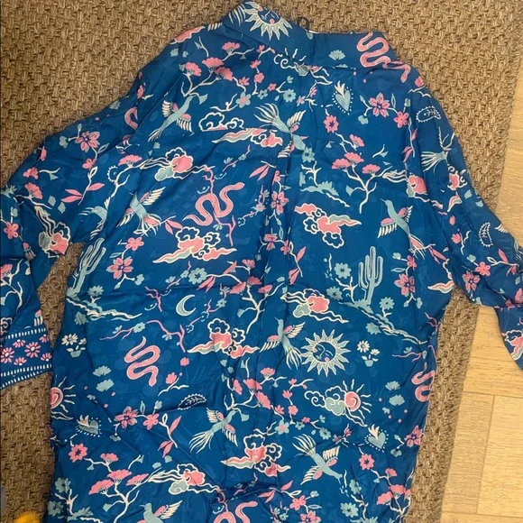 Spell NWT Desert BanditaCobalt Blue and Pink Floral Woven Button Down Shirt